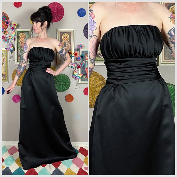 Vintage Dresses & Skirts - Vintage 1990s Black Satin Strapless Ruched Empire Waist Gown